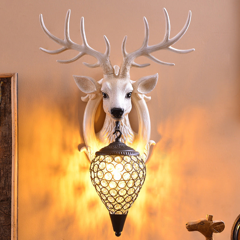 Lodge Deer Head Wall Light Fixture 1 Bulb Resin Wall Sconce with Teardrop Crystal Shade White Black Clearhalo 'Wall Lamps & Sconces' 'Wall Lights' Lighting' 2138426