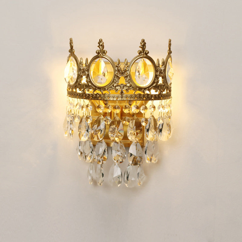 Crown Shaped Living Room Wall Light Antique Metal 3-Bulb Gold Sconce with Teardrop Crystals Clearhalo 'Wall Lamps & Sconces' 'Wall Lights' Lighting' 2138428