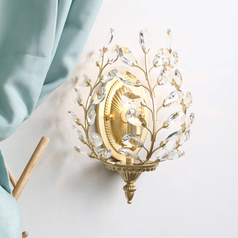 Crystal Branch Shaped Wall Lamp Countryside 1 Head Living Room Wall Sconce in Gold Clearhalo 'Wall Lamps & Sconces' 'Wall Lights' Lighting' 2138433