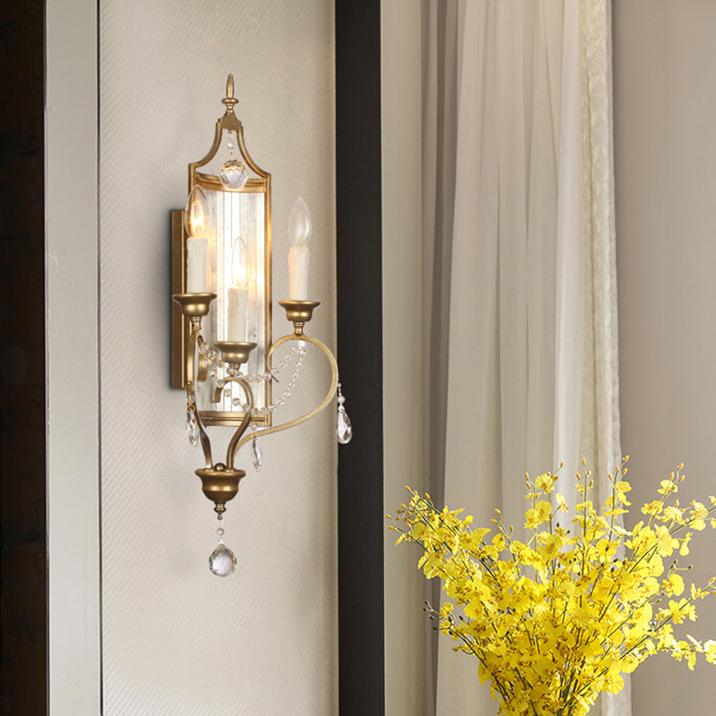 French Country Candle Sconce Lamp 3-Light Metallic Wall Lamp in Gold with Crystal Deco Gold Clearhalo 'Wall Lamps & Sconces' 'Wall Lights' Lighting' 2138436