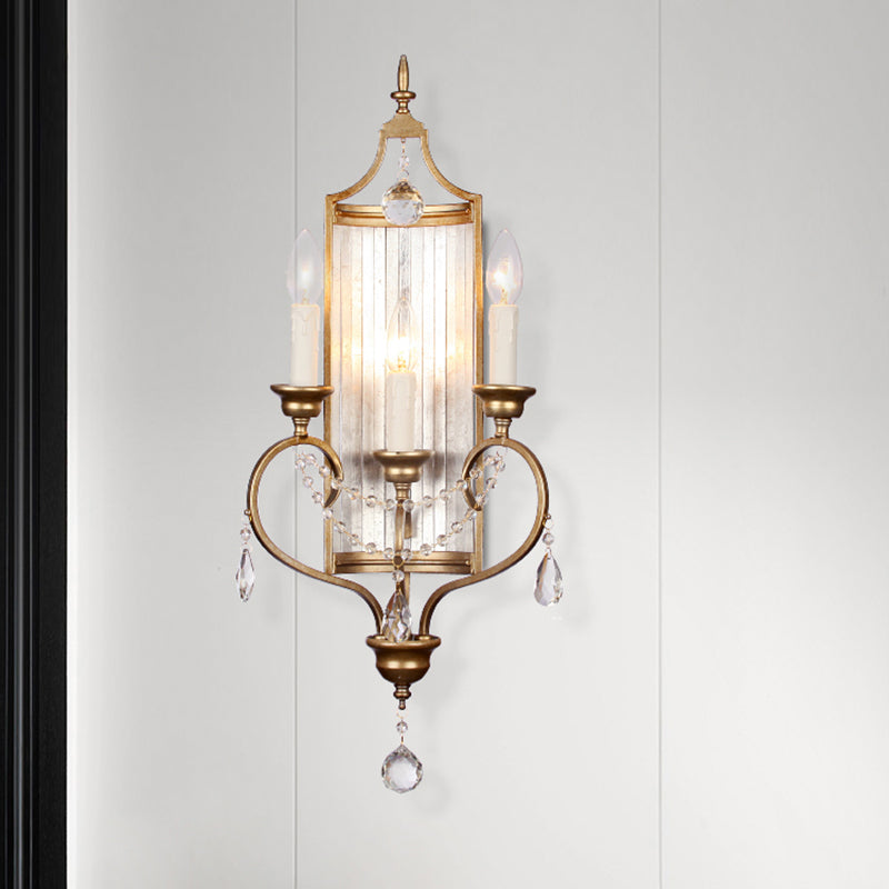 French Country Candle Sconce Lamp 3-Light Metallic Wall Lamp in Gold with Crystal Deco Clearhalo 'Wall Lamps & Sconces' 'Wall Lights' Lighting' 2138437