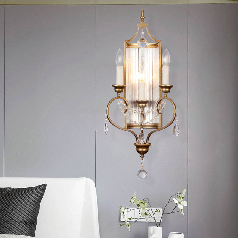 French Country Candle Sconce Lamp 3-Light Metallic Wall Lamp in Gold with Crystal Deco Clearhalo 'Wall Lamps & Sconces' 'Wall Lights' Lighting' 2138439