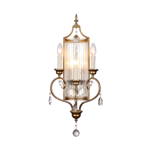 French Country Candle Sconce Lamp 3-Light Metallic Wall Lamp in Gold with Crystal Deco Clearhalo 'Wall Lamps & Sconces' 'Wall Lights' Lighting' 2138440