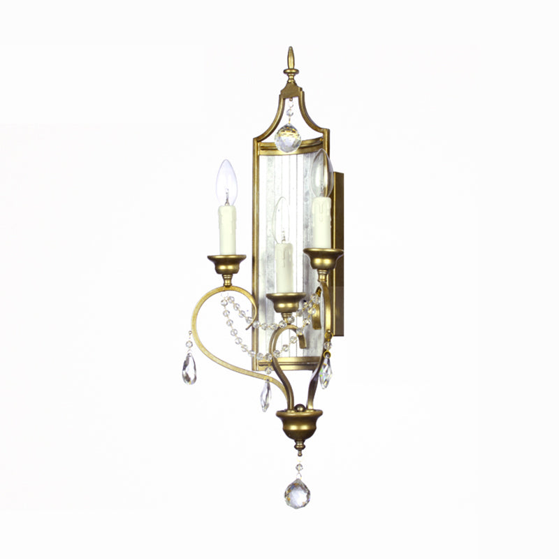 French Country Candle Sconce Lamp 3-Light Metallic Wall Lamp in Gold with Crystal Deco Clearhalo 'Wall Lamps & Sconces' 'Wall Lights' Lighting' 2138441