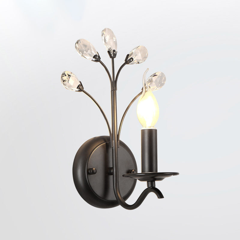 Single-Bulb Candle Wall Sconce Farmhouse Black Metal Wall Light with Crystal Twig Clearhalo 'Wall Lamps & Sconces' 'Wall Lights' Lighting' 2138444