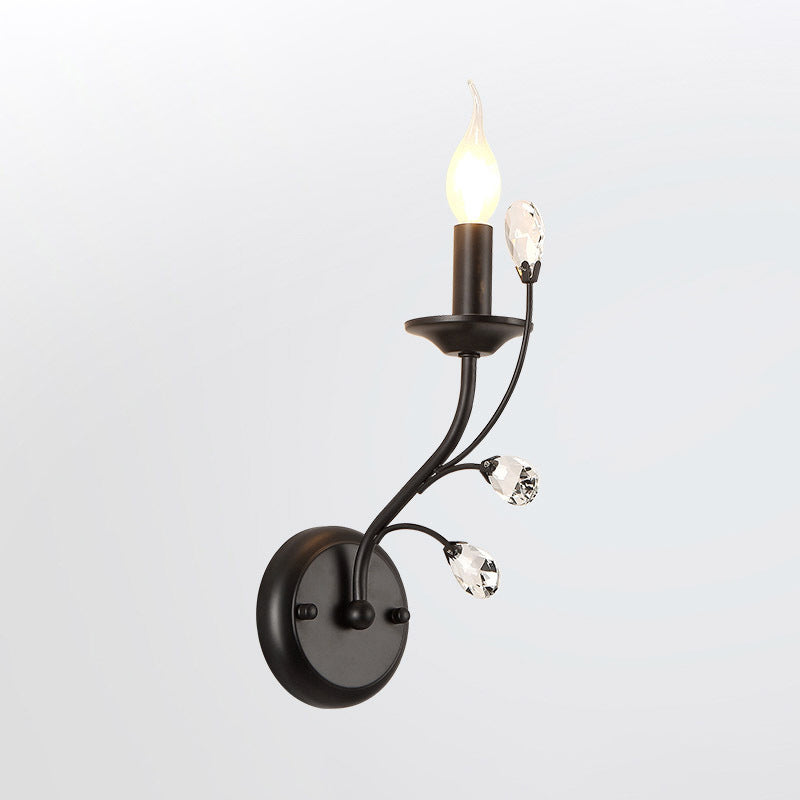 Single-Bulb Candle Wall Sconce Farmhouse Black Metal Wall Light with Crystal Twig Clearhalo 'Wall Lamps & Sconces' 'Wall Lights' Lighting' 2138446