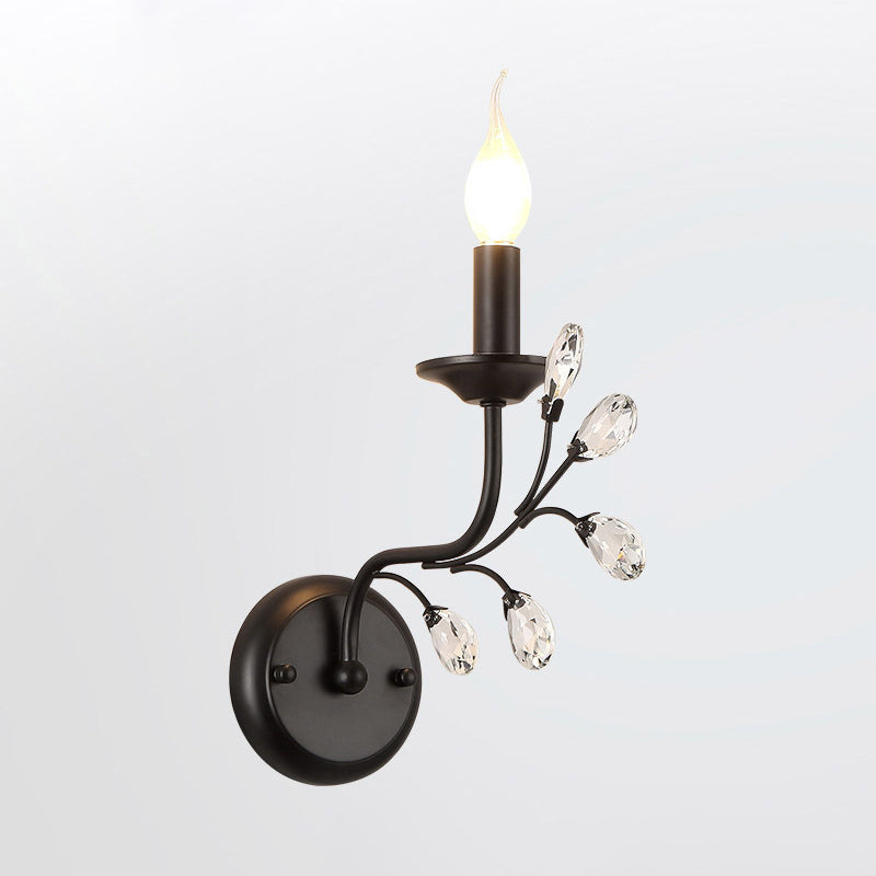 Single-Bulb Candle Wall Sconce Farmhouse Black Metal Wall Light with Crystal Twig Black D Clearhalo 'Wall Lamps & Sconces' 'Wall Lights' Lighting' 2138448