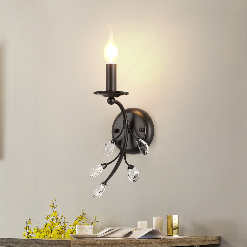 Single-Bulb Candle Wall Sconce Farmhouse Black Metal Wall Light with Crystal Twig Black E Clearhalo 'Wall Lamps & Sconces' 'Wall Lights' Lighting' 2138450