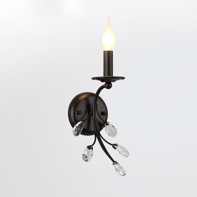 Single-Bulb Candle Wall Sconce Farmhouse Black Metal Wall Light with Crystal Twig Clearhalo 'Wall Lamps & Sconces' 'Wall Lights' Lighting' 2138451