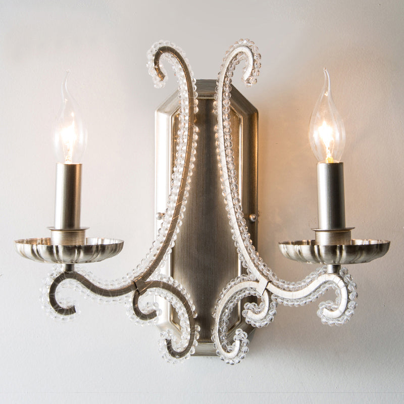 Metal Candle Wall Mounted Light Rustic Bedside Sconce Lighting Fixture with Crystal Bead 2.0 Silver Clearhalo 'Wall Lamps & Sconces' 'Wall Lights' Lighting' 2138452