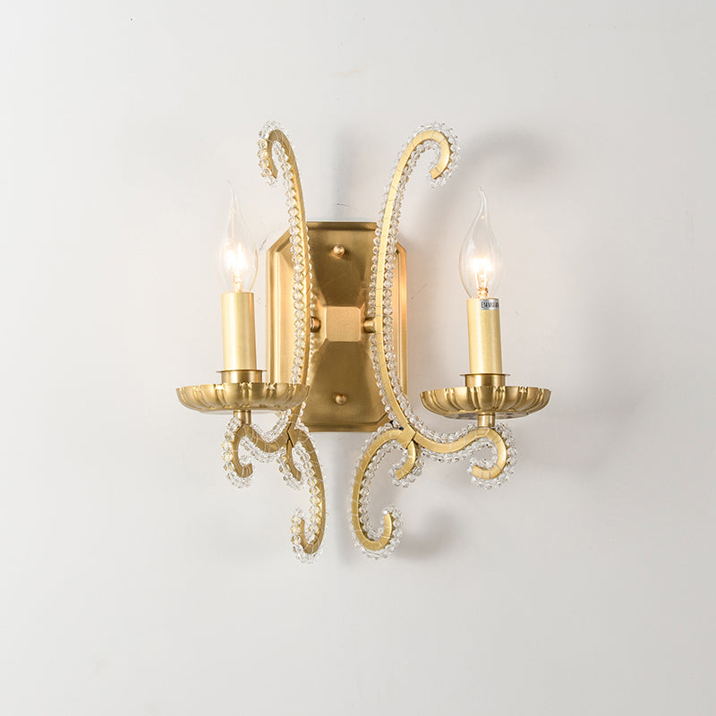 Metal Candle Wall Mounted Light Rustic Bedside Sconce Lighting Fixture with Crystal Bead 2.0 Gold Clearhalo 'Wall Lamps & Sconces' 'Wall Lights' Lighting' 2138459