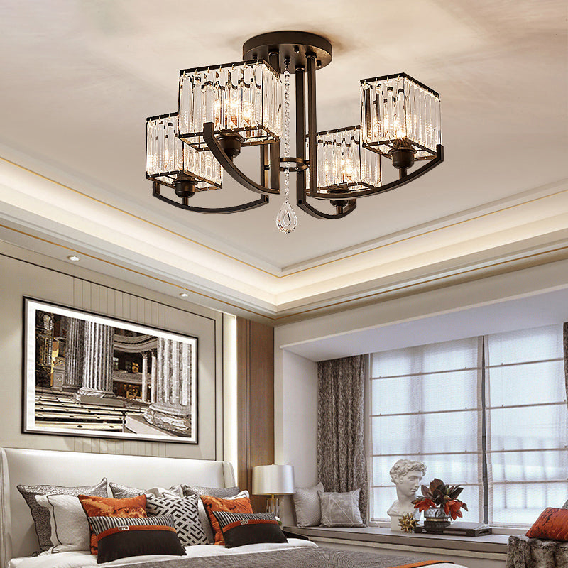 Black Rectangle Ceiling Light Fixture Modern K9 Crystal Living Room Semi Flush Mount Lamp 4 Black Clearhalo 'Ceiling Lights' 'Close To Ceiling Lights' 'Close to ceiling' 'Semi-flushmount' Lighting' 2138489