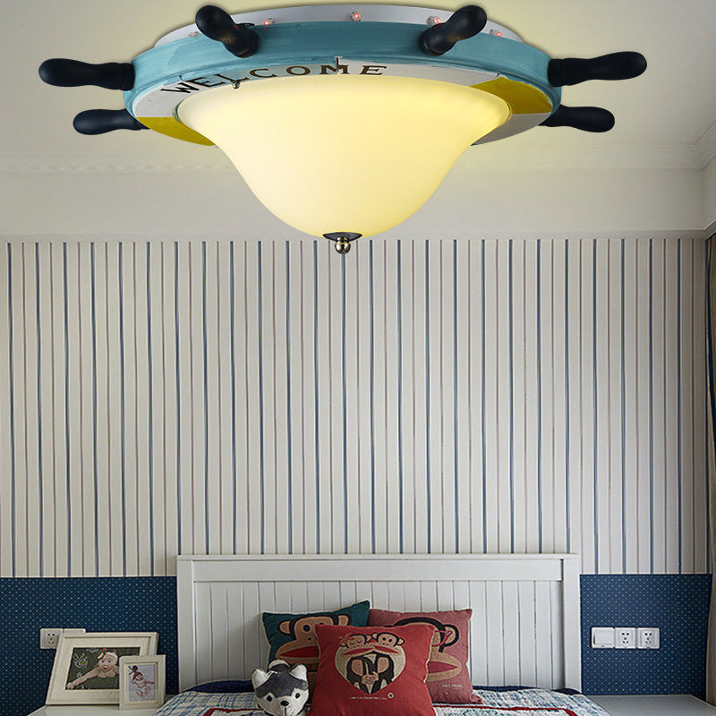 Cartoon Style Rudder Flush Ceiling Light Metal LED Children Room White/Blue Flush Mount Lamp with Frosted Glass Shade Blue Clearhalo 'Ceiling Lights' 'Close To Ceiling Lights' 'Close to ceiling' 'Flush mount' Lighting' 213966