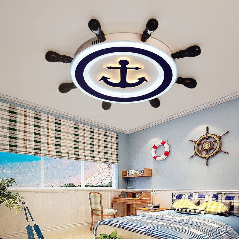 Blue Round Flush Light Fixture Cartoon Style LED Wood and Acrylic Flush Mount Lighting with Rudder Design Blue Clearhalo 'Ceiling Lights' 'Close To Ceiling Lights' 'Close to ceiling' 'Flush mount' Lighting' 214071