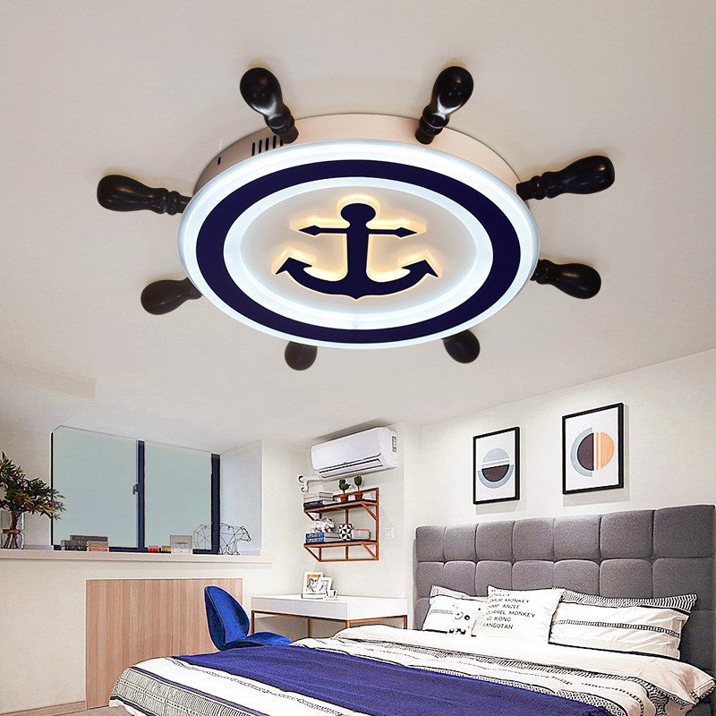 Blue Round Flush Light Fixture Cartoon Style LED Wood and Acrylic Flush Mount Lighting with Rudder Design Clearhalo 'Ceiling Lights' 'Close To Ceiling Lights' 'Close to ceiling' 'Flush mount' Lighting' 214072