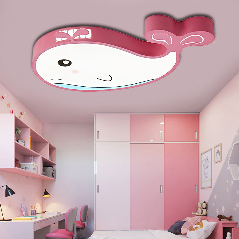 Kids Whale Shaped Flush Mount Lighting Metal and Acrylic LED Bedroom Ceiling Mounted Light in Blue/Pink Pink Clearhalo 'Ceiling Lights' 'Close To Ceiling Lights' 'Close to ceiling' 'Flush mount' Lighting' 214098