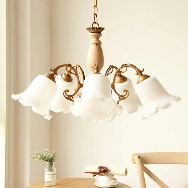 5 Lights Chandelier Light with Scalloped Metal Shade Traditional Dining Room Ceiling Lamp in White/Wood Clearhalo 'Ceiling Lights' 'Chandeliers' Lighting' options 214138