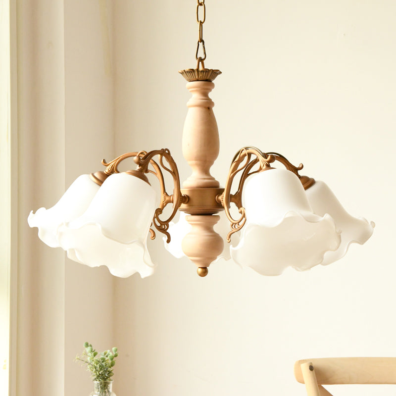 5 Lights Chandelier Light with Scalloped Metal Shade Traditional Dining Room Ceiling Lamp in White/Wood Clearhalo 'Ceiling Lights' 'Chandeliers' Lighting' options 214139