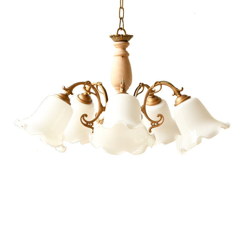 5 Lights Chandelier Light with Scalloped Metal Shade Traditional Dining Room Ceiling Lamp in White/Wood Clearhalo 'Ceiling Lights' 'Chandeliers' Lighting' options 214140