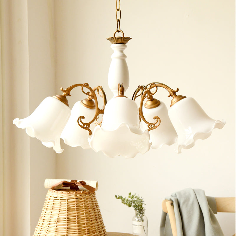 5 Lights Chandelier Light with Scalloped Metal Shade Traditional Dining Room Ceiling Lamp in White/Wood White Clearhalo 'Ceiling Lights' 'Chandeliers' Lighting' options 214142_04aff9ef-76f4-43c7-9724-5dd22c2e859c