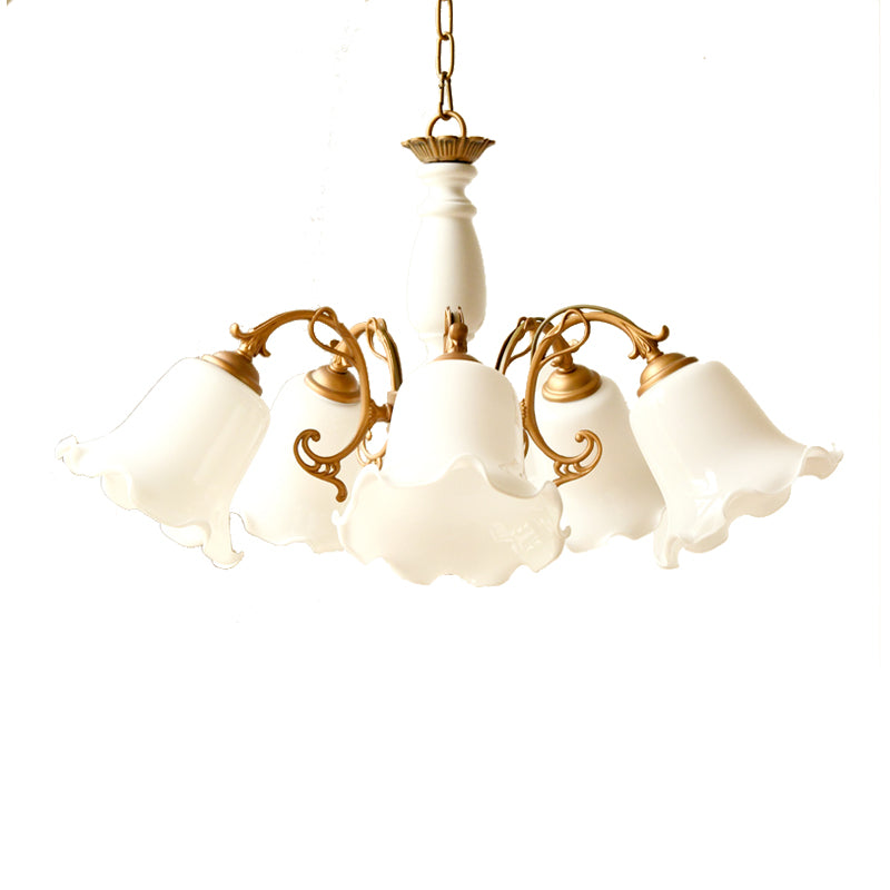 5 Lights Chandelier Light with Scalloped Metal Shade Traditional Dining Room Ceiling Lamp in White/Wood Clearhalo 'Ceiling Lights' 'Chandeliers' Lighting' options 214143