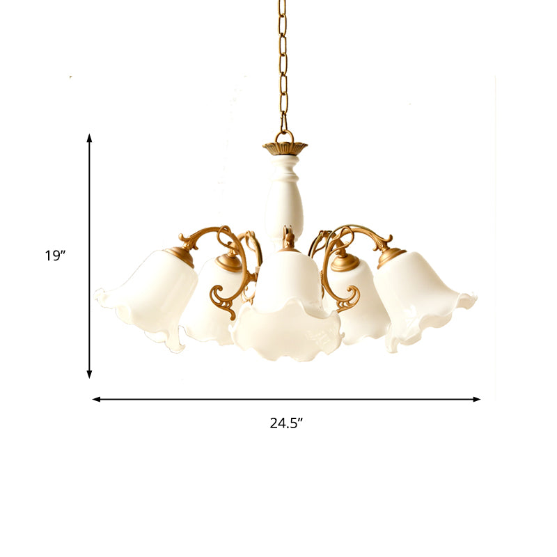 5 Lights Chandelier Light with Scalloped Metal Shade Traditional Dining Room Ceiling Lamp in White/Wood Clearhalo 'Ceiling Lights' 'Chandeliers' Lighting' options 214144