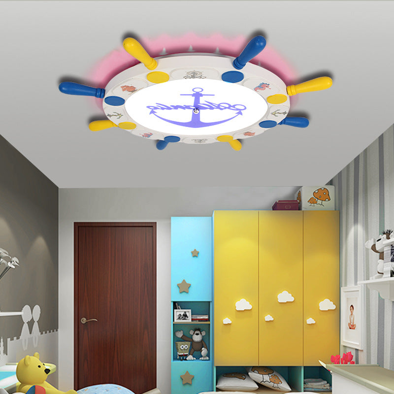 18"/22" W Rudder Design Flushmount Ceiling Fixture Kids Wood and Metal LED Bedroom Flush Pendant Light in Yellow Yellow Clearhalo 'Ceiling Lights' 'Close To Ceiling Lights' 'Close to ceiling' 'Flush mount' Lighting' 214150