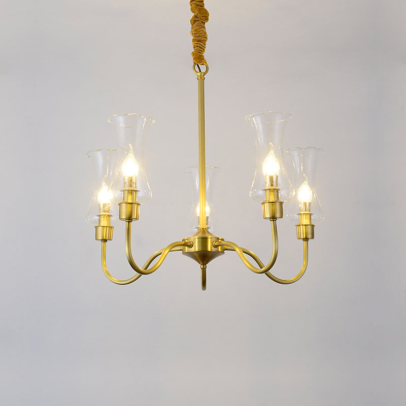 Brass 3/5 Lights Chandelier Light Fixture Traditional Clear Glass Flower Pendant Lamp 5 Brass Clearhalo 'Ceiling Lights' 'Chandeliers' 'Close To Ceiling Lights' 'Glass shade' 'Glass' Lighting' 214647