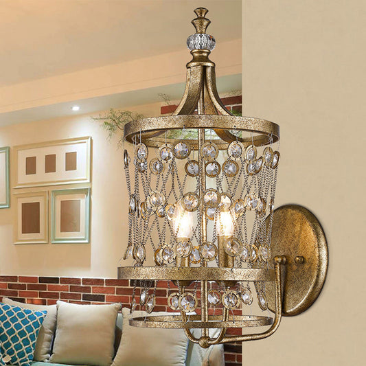 Cylinder Sconce Light Vintage Metal 2 Lights Antique Brass Wall Mont Light with Crystal Accent Brass Clearhalo 'Cast Iron' 'Glass' 'Industrial' 'Modern wall lights' 'Modern' 'Tiffany' 'Traditional wall lights' 'Wall Lamps & Sconces' 'Wall Lights' Lighting' 214673