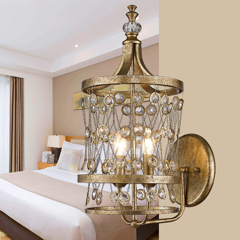 Cylinder Sconce Light Vintage Metal 2 Lights Antique Brass Wall Mont Light with Crystal Accent Clearhalo 'Cast Iron' 'Glass' 'Industrial' 'Modern wall lights' 'Modern' 'Tiffany' 'Traditional wall lights' 'Wall Lamps & Sconces' 'Wall Lights' Lighting' 214674