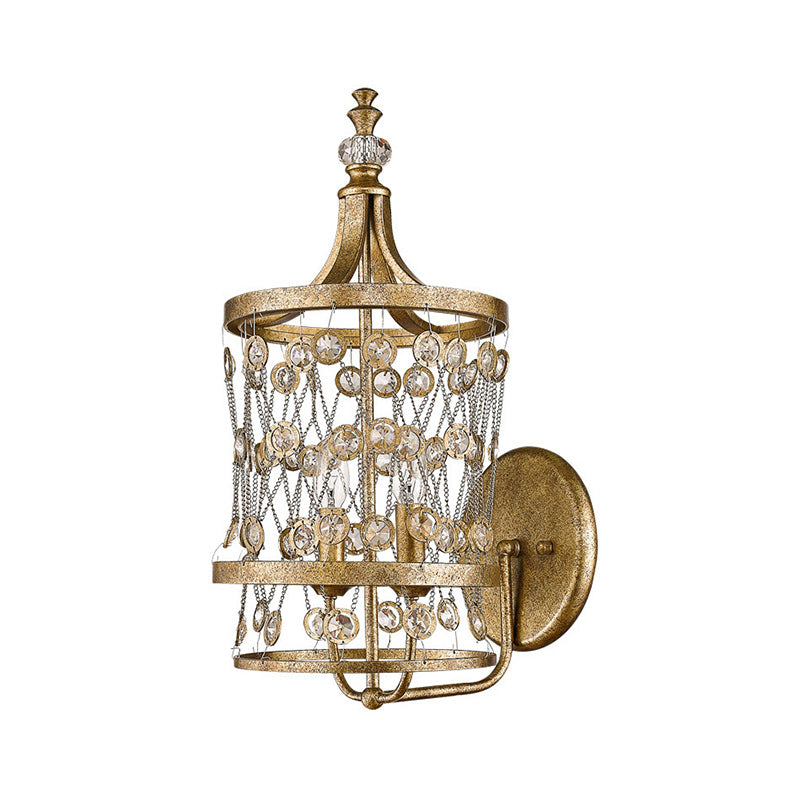 Cylinder Sconce Light Vintage Metal 2 Lights Antique Brass Wall Mont Light with Crystal Accent Clearhalo 'Cast Iron' 'Glass' 'Industrial' 'Modern wall lights' 'Modern' 'Tiffany' 'Traditional wall lights' 'Wall Lamps & Sconces' 'Wall Lights' Lighting' 214675