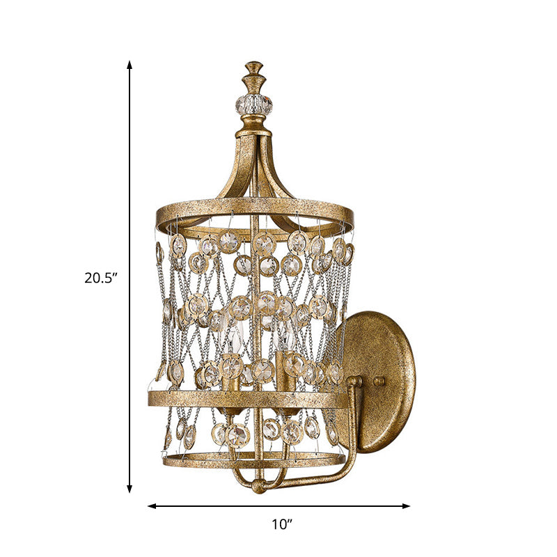 Cylinder Sconce Light Vintage Metal 2 Lights Antique Brass Wall Mont Light with Crystal Accent Clearhalo 'Cast Iron' 'Glass' 'Industrial' 'Modern wall lights' 'Modern' 'Tiffany' 'Traditional wall lights' 'Wall Lamps & Sconces' 'Wall Lights' Lighting' 214676