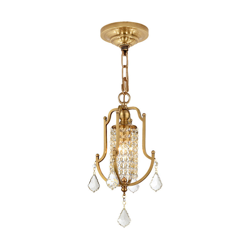 Lantern Frame Ceiling Pendant Vintage Metal 1 Light Brass Hanging Lamp Kit with Crystal Accent Clearhalo 'Ceiling Lights' 'Glass shade' 'Glass' 'Modern Pendants' 'Modern' 'Pendant Lights' 'Pendants' Lighting' 214715