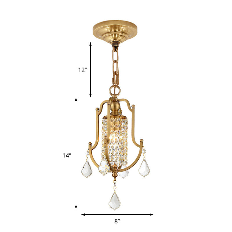 Lantern Frame Ceiling Pendant Vintage Metal 1 Light Brass Hanging Lamp Kit with Crystal Accent Clearhalo 'Ceiling Lights' 'Glass shade' 'Glass' 'Modern Pendants' 'Modern' 'Pendant Lights' 'Pendants' Lighting' 214716