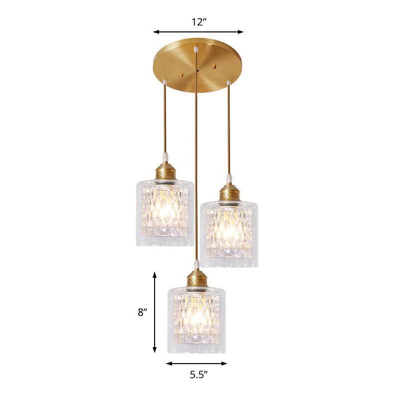 Cylinder Pendant Light with Prismatic Glass Shade Inner Modern 3 Lights Brass Ceiling Light with Linear/Round Canopy Clearhalo 'Ceiling Lights' 'Chandeliers' 'Glass shade' 'Glass' 'Modern Pendants' 'Modern' 'Pendant Lights' 'Pendants' Lighting' 214743
