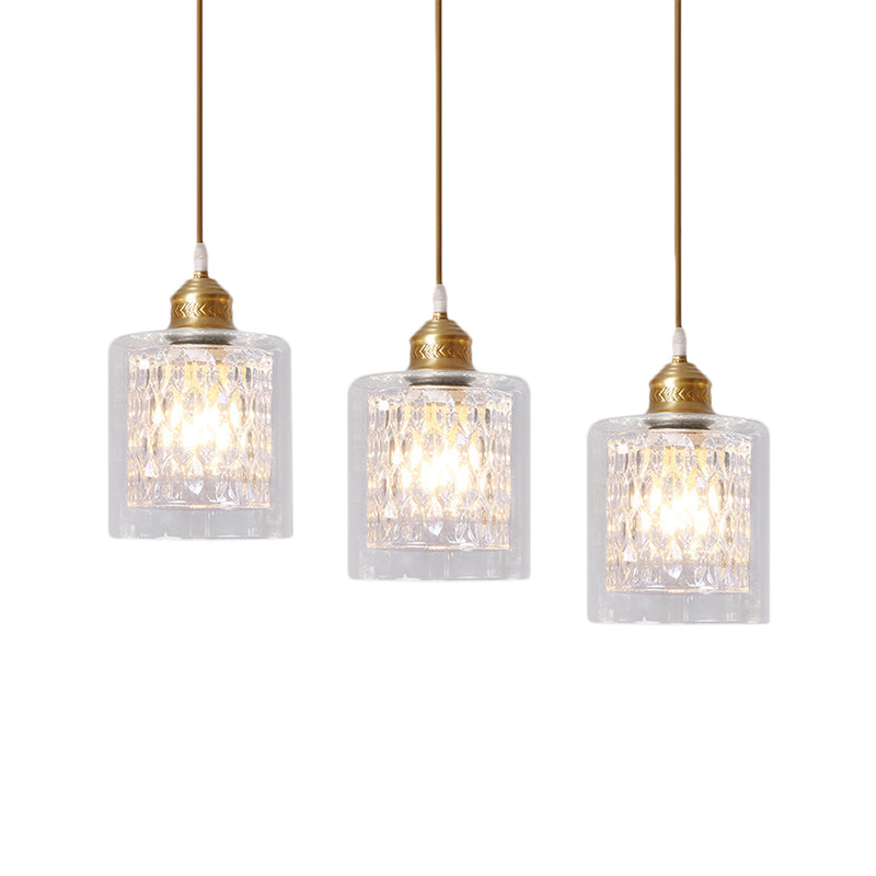 Cylinder Pendant Light with Prismatic Glass Shade Inner Modern 3 Lights Brass Ceiling Light with Linear/Round Canopy Clearhalo 'Ceiling Lights' 'Chandeliers' 'Glass shade' 'Glass' 'Modern Pendants' 'Modern' 'Pendant Lights' 'Pendants' Lighting' 214747