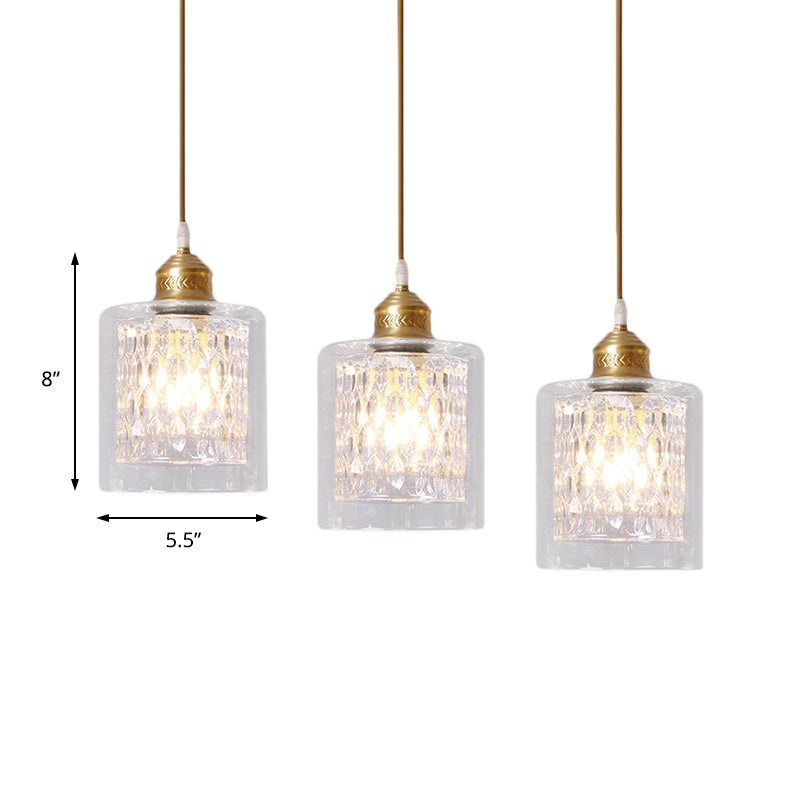 Cylinder Pendant Light with Prismatic Glass Shade Inner Modern 3 Lights Brass Ceiling Light with Linear/Round Canopy Clearhalo 'Ceiling Lights' 'Chandeliers' 'Glass shade' 'Glass' 'Modern Pendants' 'Modern' 'Pendant Lights' 'Pendants' Lighting' 214748