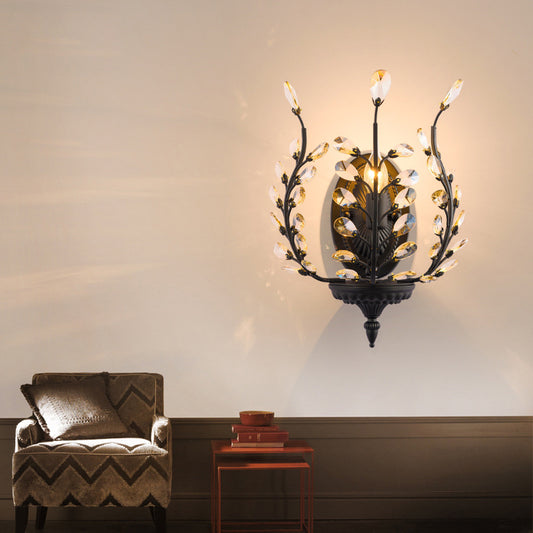 Flower Shape Wall Mount Light Vintage Metal 1 Light Black Sconce Light with Crystal Leaf Decoration Clearhalo 'Modern wall lights' 'Modern' 'Wall Lamps & Sconces' 'Wall Lights' Lighting' 214778