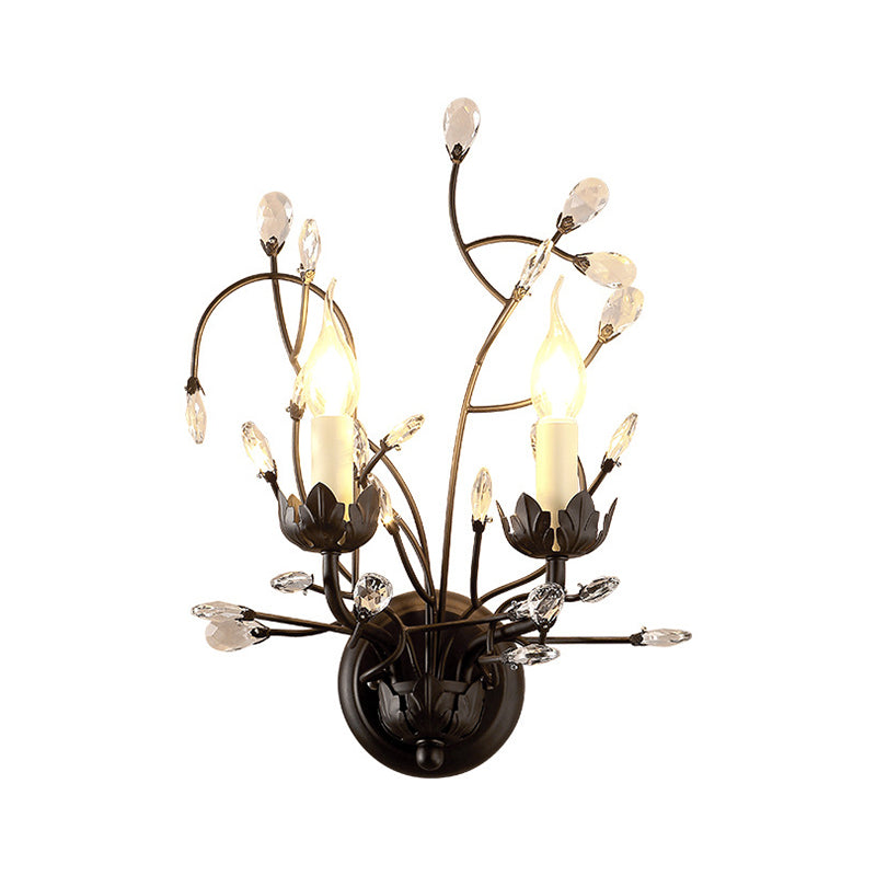 Black Flower Sconce Light Antique 2 Lights Metal Wall Mount Light with Crystal Accent for Living Room Clearhalo 'Modern wall lights' 'Modern' 'Wall Lamps & Sconces' 'Wall Lights' Lighting' 214797