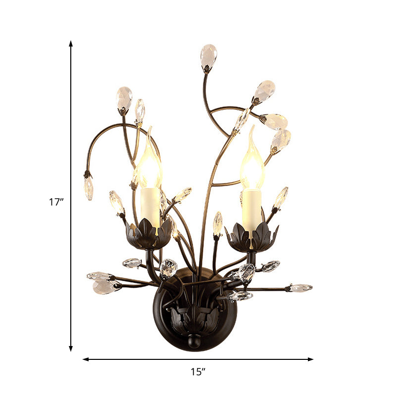 Black Flower Sconce Light Antique 2 Lights Metal Wall Mount Light with Crystal Accent for Living Room Clearhalo 'Modern wall lights' 'Modern' 'Wall Lamps & Sconces' 'Wall Lights' Lighting' 214798