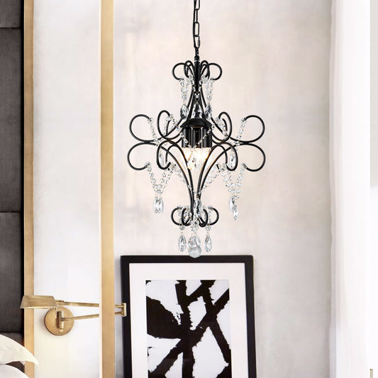 Curve Arm Iron Suspension Light Vintage 3 Lights Black Pendant Light with Crystal Accent Black Clearhalo 'Ceiling Lights' 'Chandeliers' 'Modern Chandeliers' 'Modern' Lighting' 214821