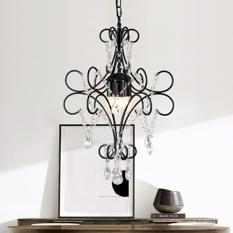 Curve Arm Iron Suspension Light Vintage 3 Lights Black Pendant Light with Crystal Accent Clearhalo 'Ceiling Lights' 'Chandeliers' 'Modern Chandeliers' 'Modern' Lighting' 214822