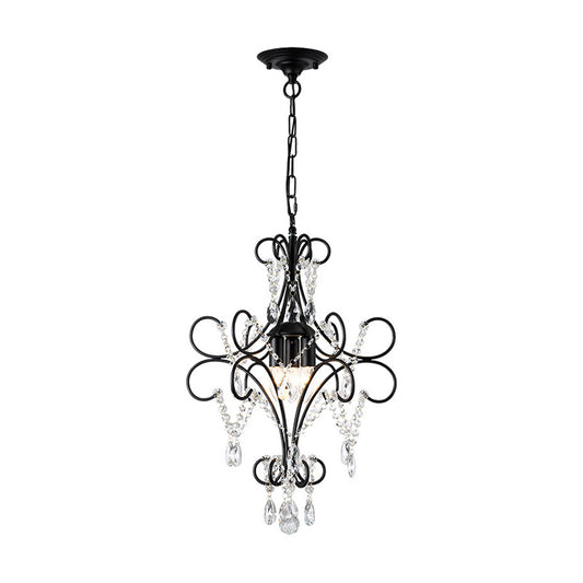 Curve Arm Iron Suspension Light Vintage 3 Lights Black Pendant Light with Crystal Accent Clearhalo 'Ceiling Lights' 'Chandeliers' 'Modern Chandeliers' 'Modern' Lighting' 214823
