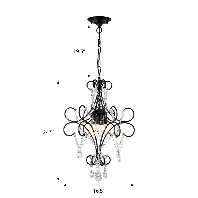 Curve Arm Iron Suspension Light Vintage 3 Lights Black Pendant Light with Crystal Accent Clearhalo 'Ceiling Lights' 'Chandeliers' 'Modern Chandeliers' 'Modern' Lighting' 214824