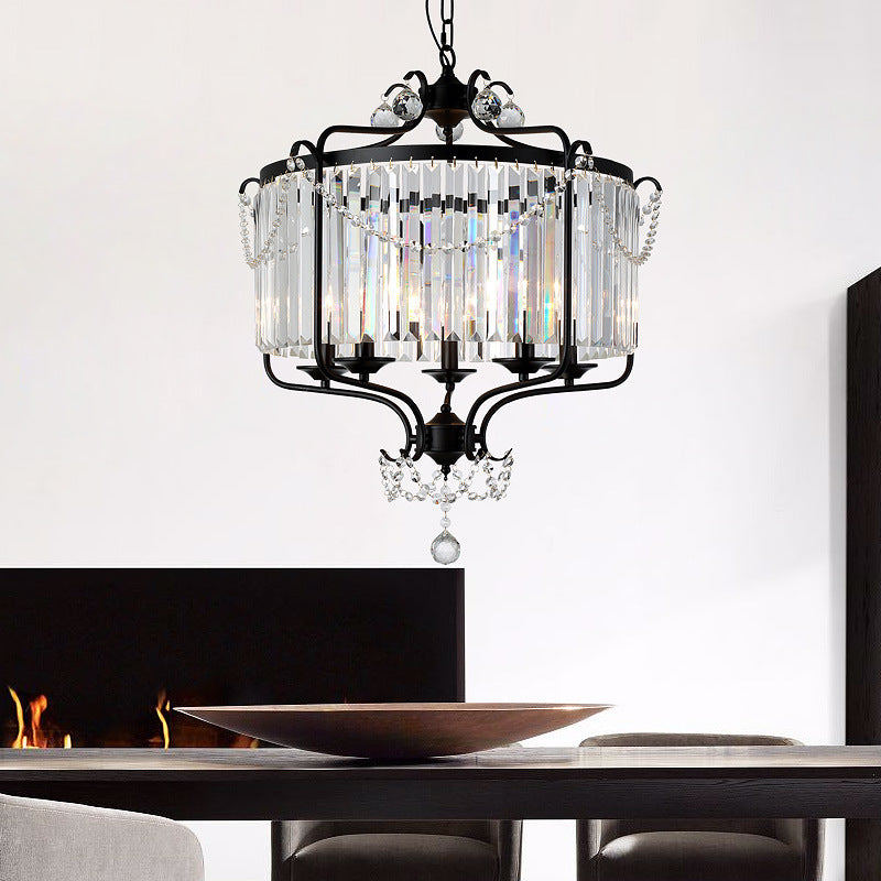 Drum Prismatic Crystal Chandelier Light Antique Black/Gold Hanging Ceiling Light for Dining Room Black Clearhalo 'Ceiling Lights' 'Chandeliers' 'Modern Chandeliers' 'Modern' Lighting' 214835