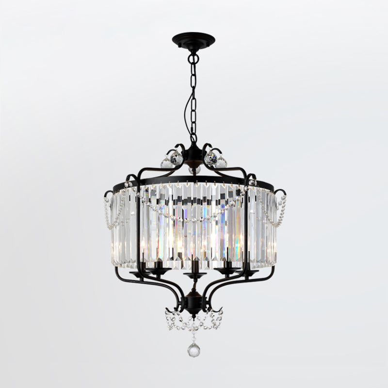 Drum Prismatic Crystal Chandelier Light Antique Black/Gold Hanging Ceiling Light for Dining Room Clearhalo 'Ceiling Lights' 'Chandeliers' 'Modern Chandeliers' 'Modern' Lighting' 214836