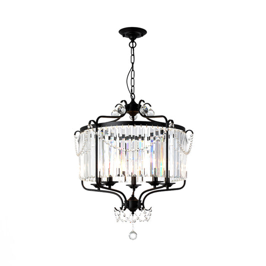 Drum Prismatic Crystal Chandelier Light Antique Black/Gold Hanging Ceiling Light for Dining Room Clearhalo 'Ceiling Lights' 'Chandeliers' 'Modern Chandeliers' 'Modern' Lighting' 214837