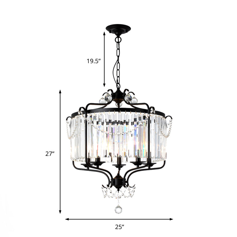 Drum Prismatic Crystal Chandelier Light Antique Black/Gold Hanging Ceiling Light for Dining Room Clearhalo 'Ceiling Lights' 'Chandeliers' 'Modern Chandeliers' 'Modern' Lighting' 214838