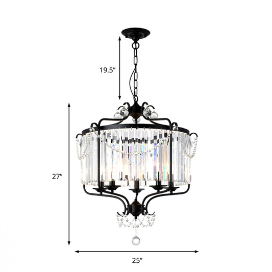 Drum Prismatic Crystal Chandelier Light Antique Black/Gold Hanging Ceiling Light for Dining Room Clearhalo 'Ceiling Lights' 'Chandeliers' 'Modern Chandeliers' 'Modern' Lighting' 214838