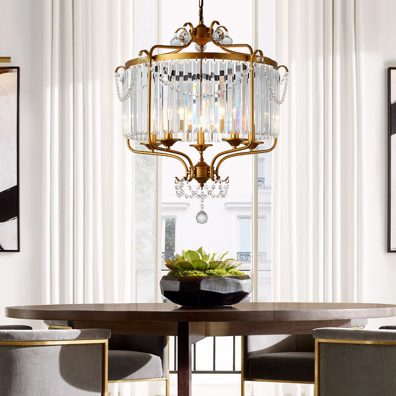 Drum Prismatic Crystal Chandelier Light Antique Black/Gold Hanging Ceiling Light for Dining Room Gold Clearhalo 'Ceiling Lights' 'Chandeliers' 'Modern Chandeliers' 'Modern' Lighting' 214840